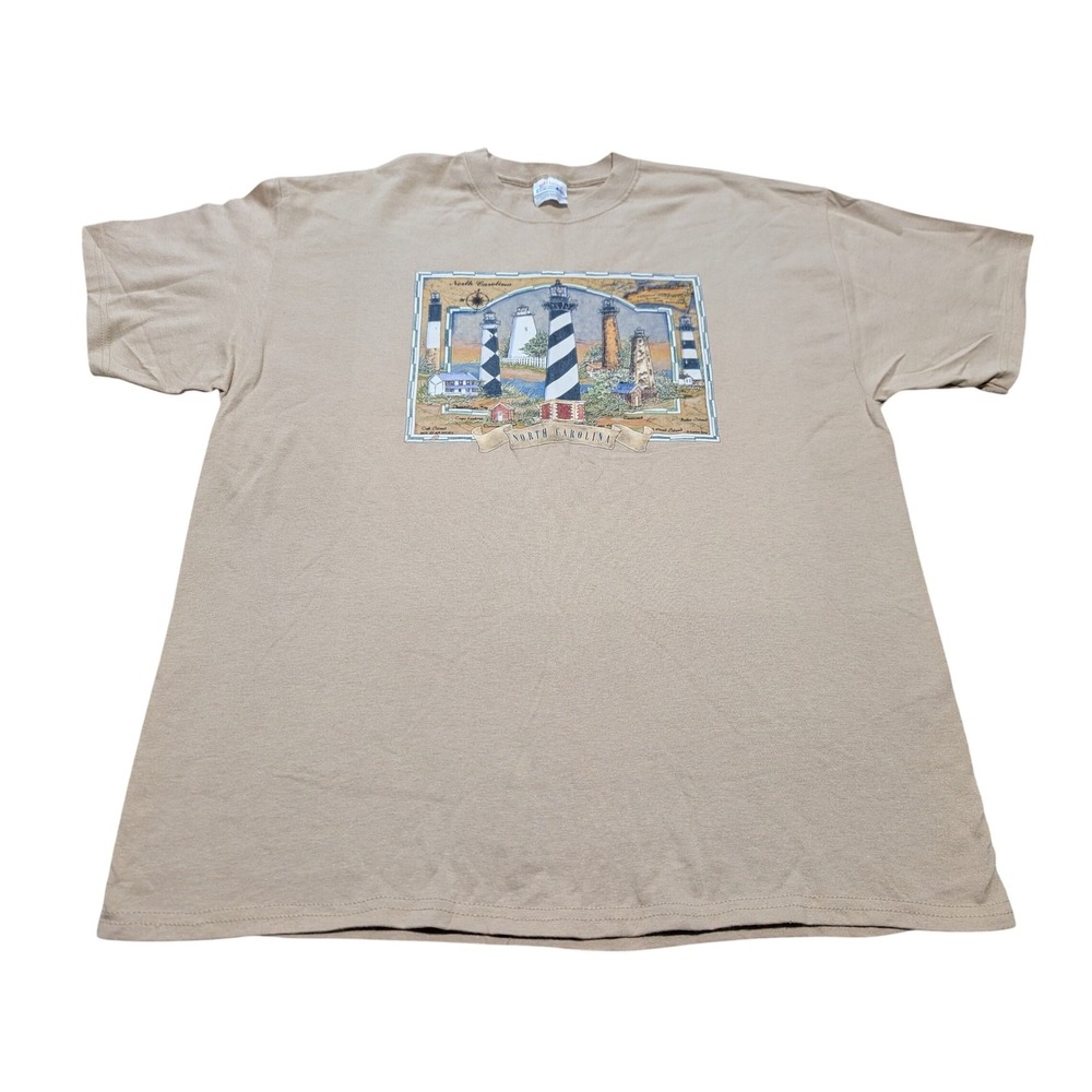 Hanes T-Shirt Mens XL Tan North Carolina Lighthouses Graphic Vintage Heavyweight